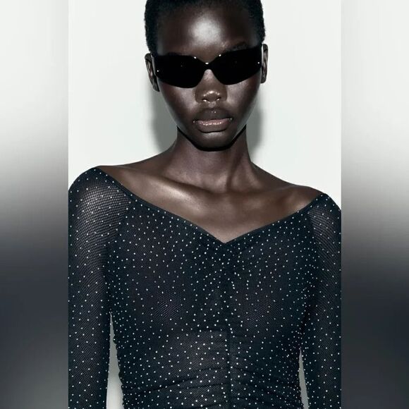 ZARA BLACK MESH SEAMLESS BODYSUIT WITH RHINESTONES - Picture 8 of 9